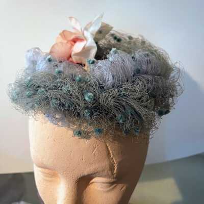Cocktail hat with pink silk roses and lavender velvet bows, c. 1950s