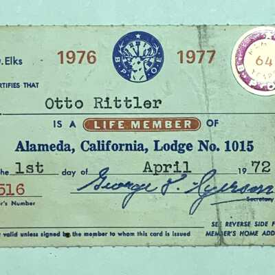 Membership card to Branch Elks Lodge #1015 of Otto Rittler, 1967-1977