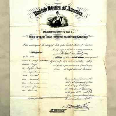 Naturalization Certificate of Christian Tietjen, wife, and child, 1877