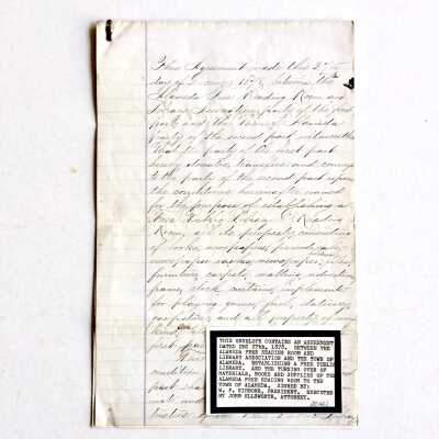 Agreement establishment Alameda Free Library, 1878