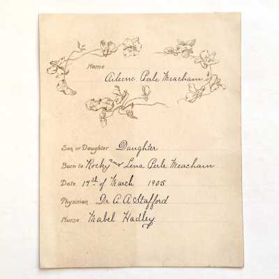 Birth Record Aileene Perle Meecham, dr. A.A. Stafford, 1905