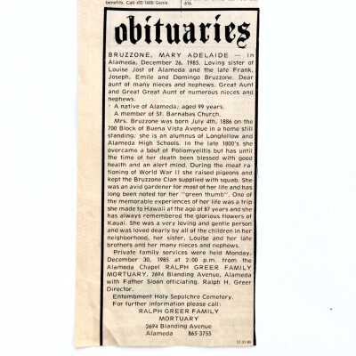 Obituary notice for Mary Adelaide Bruzzone, 1985