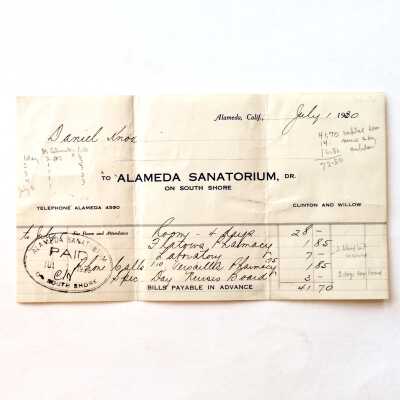 Bill from the Alameda Sanatorium to Daniel Knox, 1930