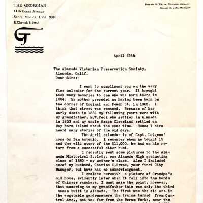 Letter from Mrs. Hewes reminiscing about Alameda, c. 1970s