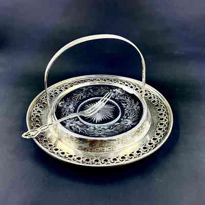 Silver and glass butter dish and three-prong fork, c. 1915-1925