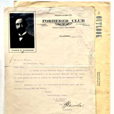 Letter of Receipt for contribution Henry H. Meyers to Forderer Club, 1909