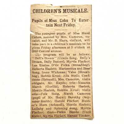 Clipping 'Children's Musicale' by pupils of Mrs. Maude Cohen, c. early 1900s