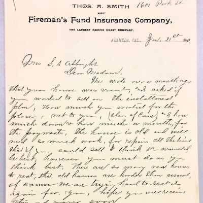 Letter from Fireman's Fund Insurance Company agent T. A. Smith, 1899