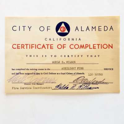 Certificate of training in Auxiliary Fire Service of Merle E. Wilson, c. 1950s