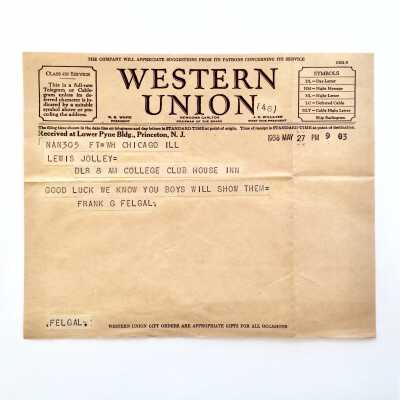 Good Luck Telegram to Coach Jolley and Rowing Team, 1938
