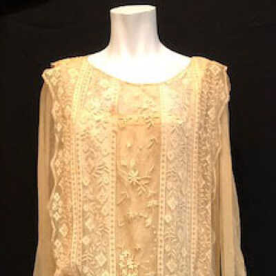 Ecru lace dress with green satin sash of Kathleen Haslett Edwards, c. 1920s