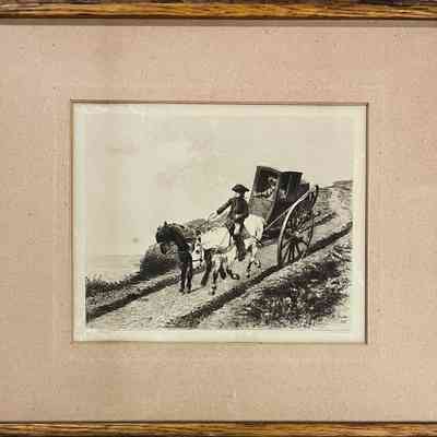 Framed etching of a scene with horse and carriage, c. 1890s