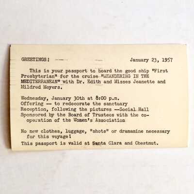 Postcard announcing presentation Meyers sisters, 1957