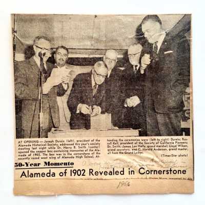 Clipping about opening cornerstone box of the 1902 Alameda High School, 1956