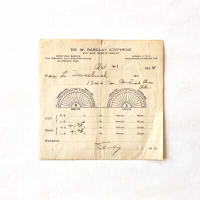 Eyeglass lenses prescription issued by Dr. W. Barclay Stephens, 1924