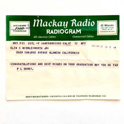 Mackay Radio Radiogram congratulating graduation Glenn Middlesworth Jr., 1937