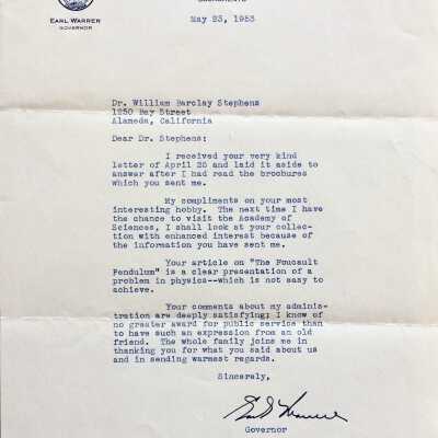 Letter to Dr. Stephens about his clock collecting hobby, 1953