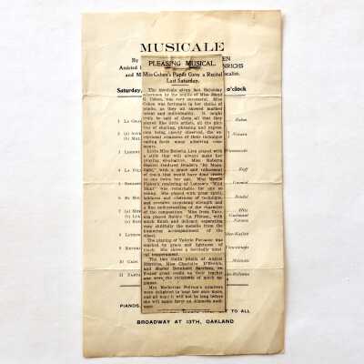 Program and newspaper clipping Musical by pupils Miss Maud G. Cohen, after 1908
