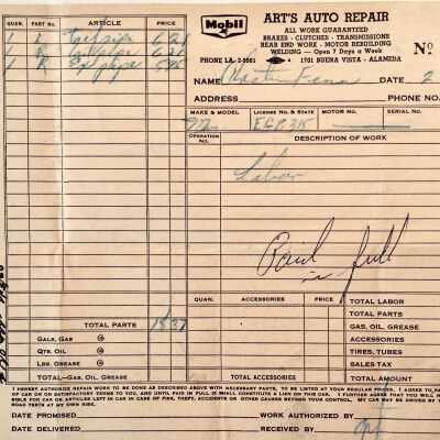 Receipt for car repair by Art's Auto Repair, 1960