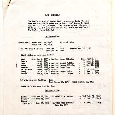 Photocopy of Genealogy study on Isaac Joseph Hand family, c. 1998