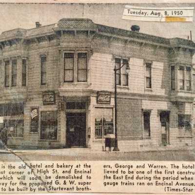 Clipping with image of building (demolished) corner Encinal and High, 1950
