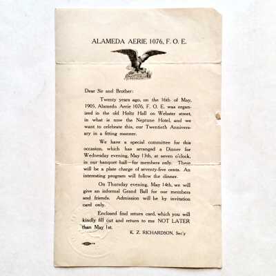 Flyer announcing 20th anniversary dinner of the Alameda Eagles, 1925