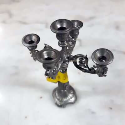 Miniuature 5-branch pewter candelabra from the Meyers basement, prior 1997