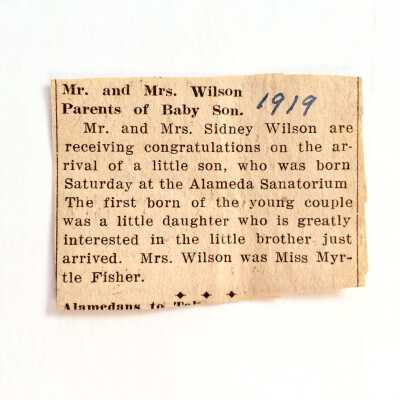 Clipping 'Mr. and Mrs. Wilson, Parents of Baby Son', 1919