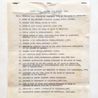 Copy of typed inventory 'Cornerstone, Alameda High School - 1902', 1956