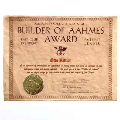 Certificate of awared presented by AAHMES order to Otto Rittler, 1960s-1970s