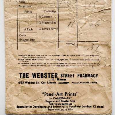 Photo envelope advertising the Webster Street Pharmacy, prior to 1970