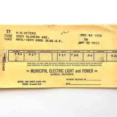 Municipal Electric Light Plant Bills for 2021 Alameda Ave, 1932-1933