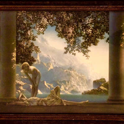 Framed Maxfield Perrish print 'Daybreak' of the A.D. Swanson family, c. 1920