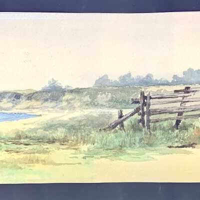 Watercolor sketch of shoreline and a fence, 1890