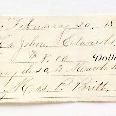 Receipt moneys from John Edwards by Mrs. P. Britt, 1894