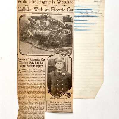 Journal page + Newspaper Clipping Fire Engine collides with train, 1913