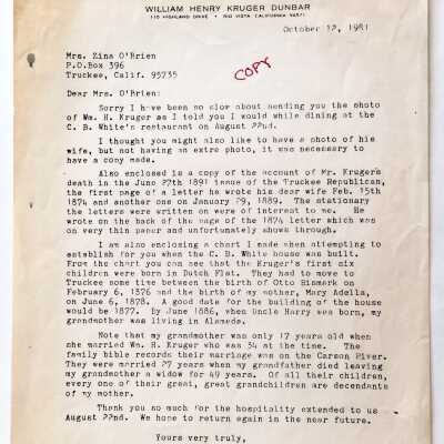 Letter from Henry Krueger Dunbar regarding family history, 1981