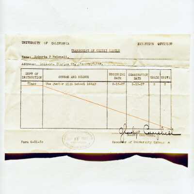 Transcript of credit issued to Roberta Frances McDonell, 1927