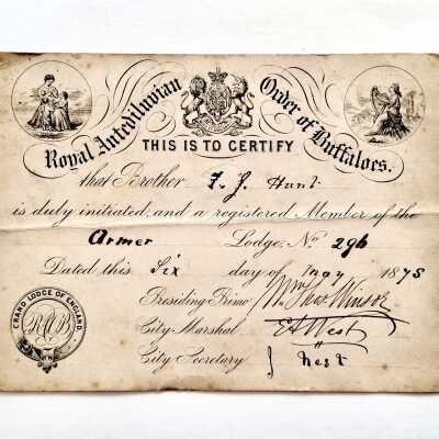 Membership card of the Order of Buffaloes of F. J. Hunt, 1875