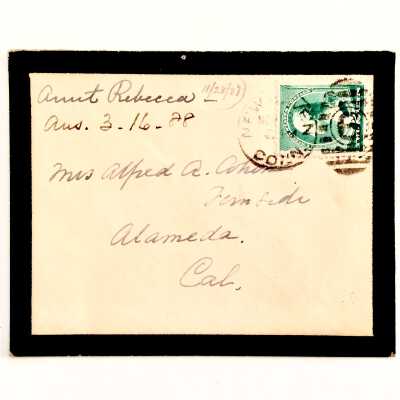 Mourning envelope addressed to Mrs. Alfred A. Cohen, Fernside, 1887