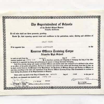 Certificate second lieutenant, ROTC, Alameda High, of Grady White, 1946