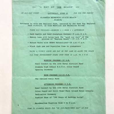 Flyer program 'A Day at the Beach', events at Memorial State Beach, late 1940s