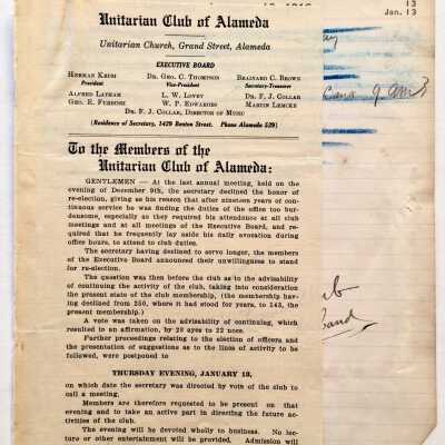 Journal Page + Bulletin Unitarian Club of Alameda, 1916