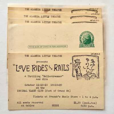 Advertising postcards for 'Love Rides The Rails', Little Theatre, 1945