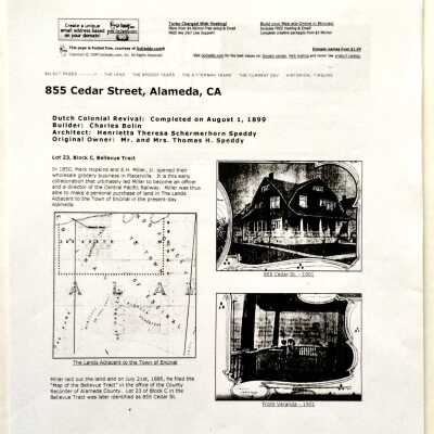 Print out of web articles about 855 Cedar Street and the Speddy family, 2011