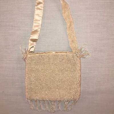 Hand made white satin beaded evening purse, c. 1930