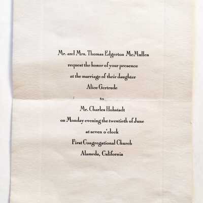 Invitation marriage Alice Gertrude McMullen and Charles Hohstadt, 1927