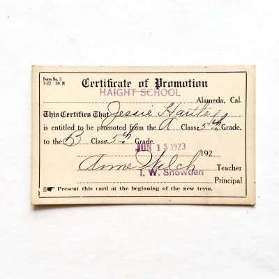 Certificate of promotion to upper fifth grade of Jessie Hartley, Haigh School, 1923
