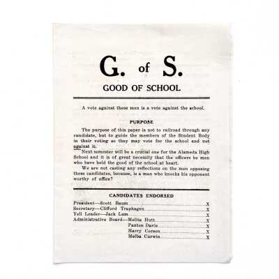 Flyer endorsing candidates Alameda High School officers, c. 1920s