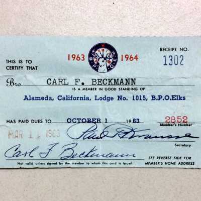 Receipt for dues paid for the Elks Club for Carl F. Beckmann, 1933-1934